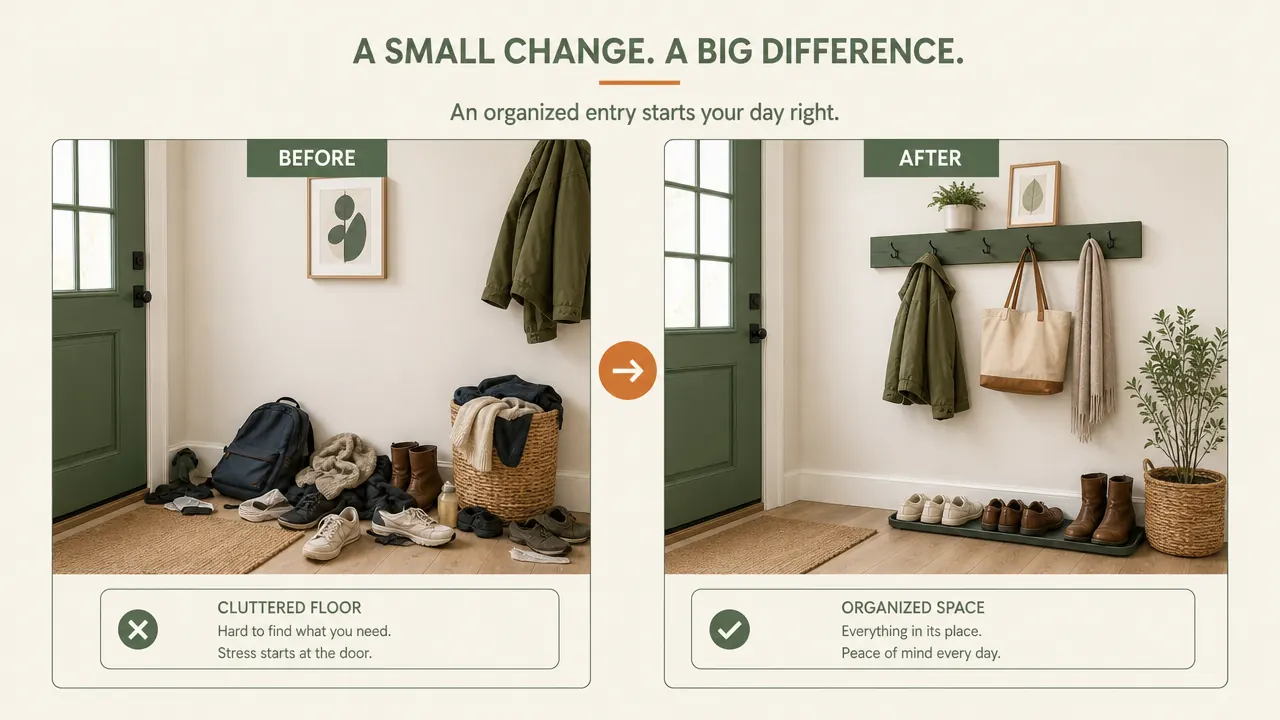 Before and after comparison of a messy entryway floor versus an organized entryway with a wall-mount coat rack