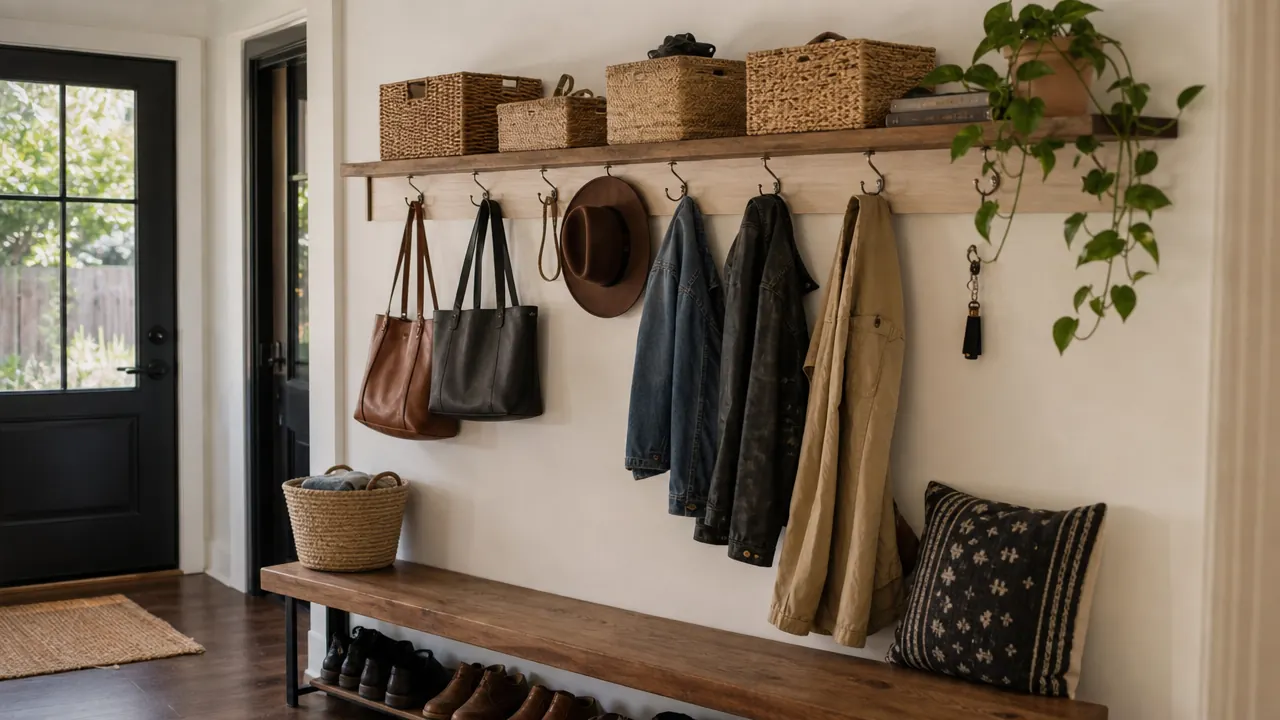 Clean entryway with a wall-mount coat rack holding jackets, bags, and hats, shelf above loaded with small baskets