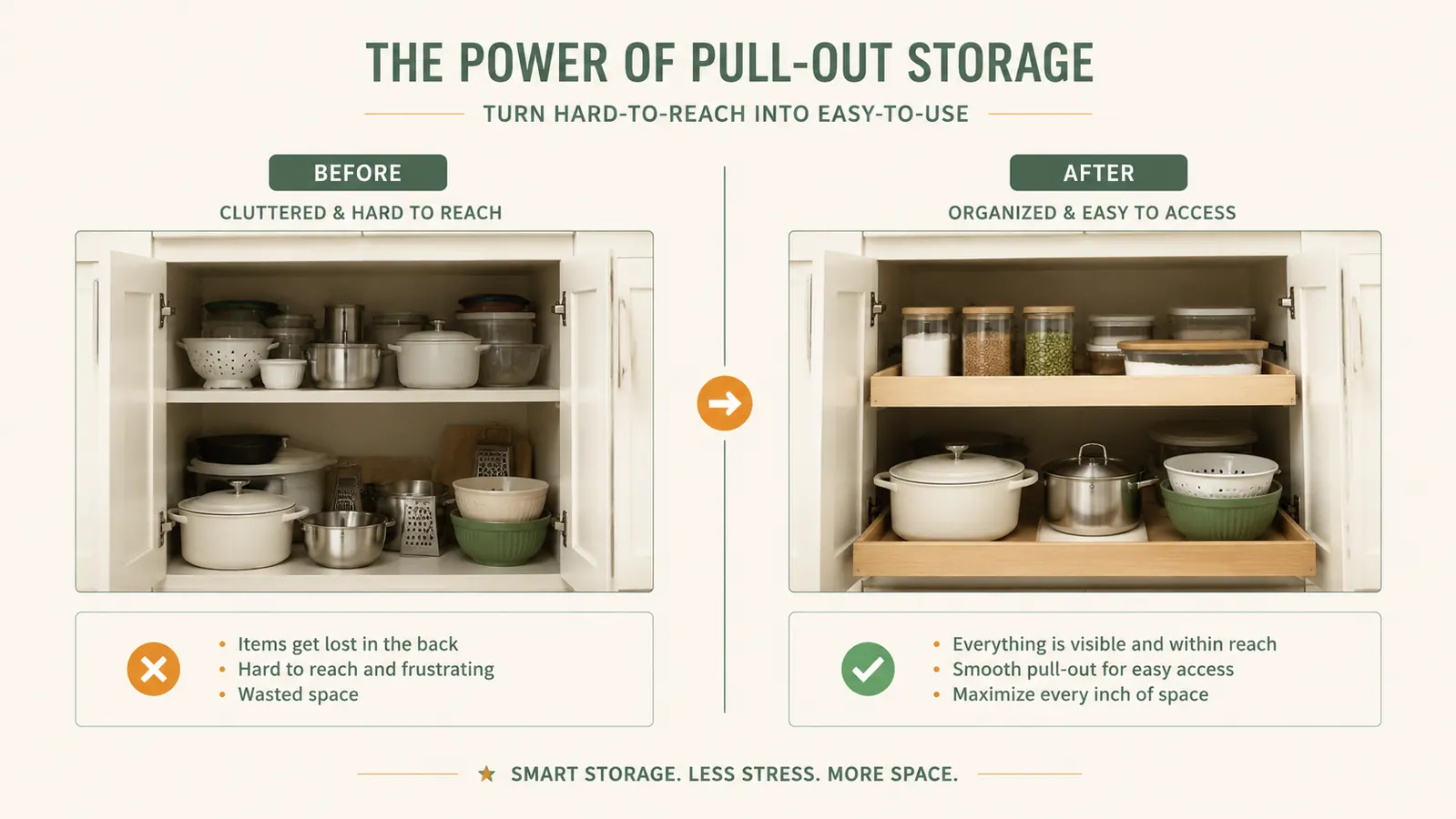 Side-by-side cabinet interior before and after adding a pull-out shelf, showing cluttered back shelf versus organized accessible rows