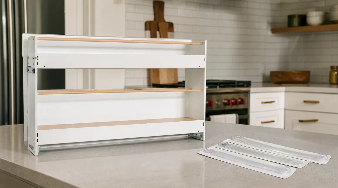 White pull-out cabinet organizer shelf sitting on a kitchen counter next to adhesive rail strips before installation