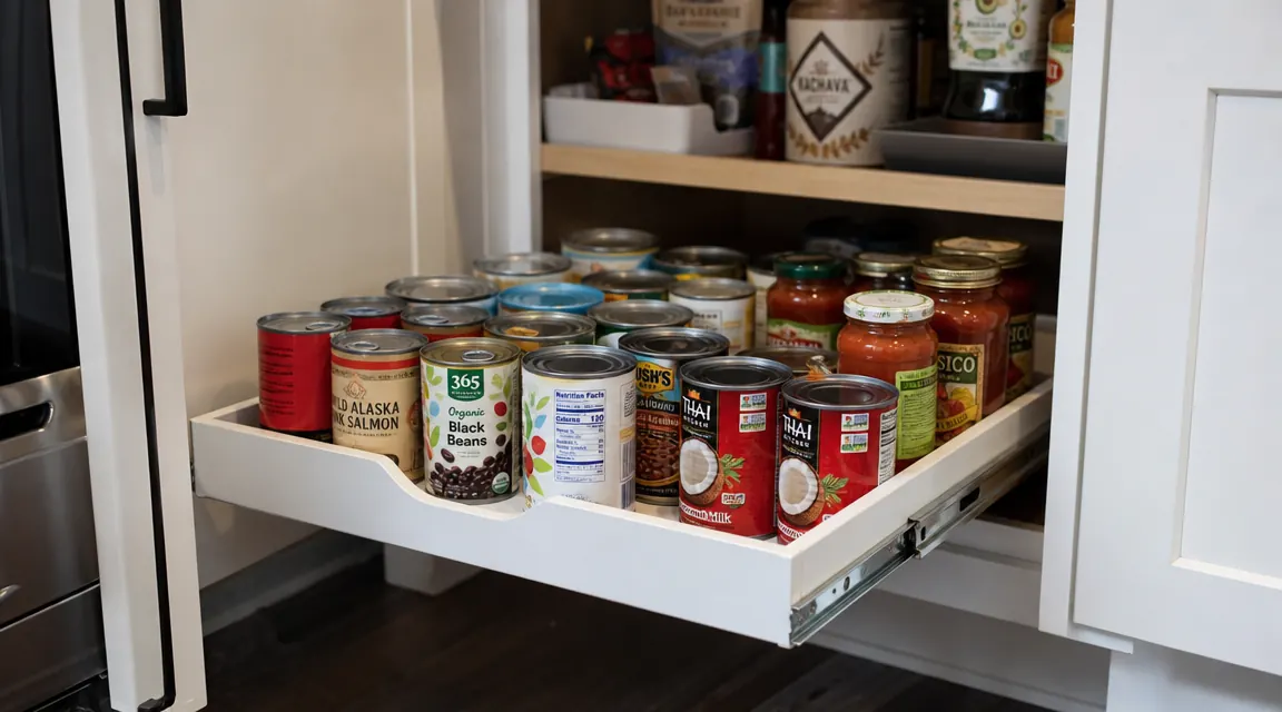 Open kitchen pantry cabinet with a white pull-out shelf extended, cans and jars organized in visible rows