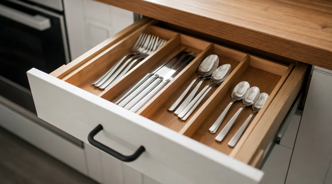 Organized kitchen drawer with bamboo silverware tray holding forks, knives, and spoons neatly separated