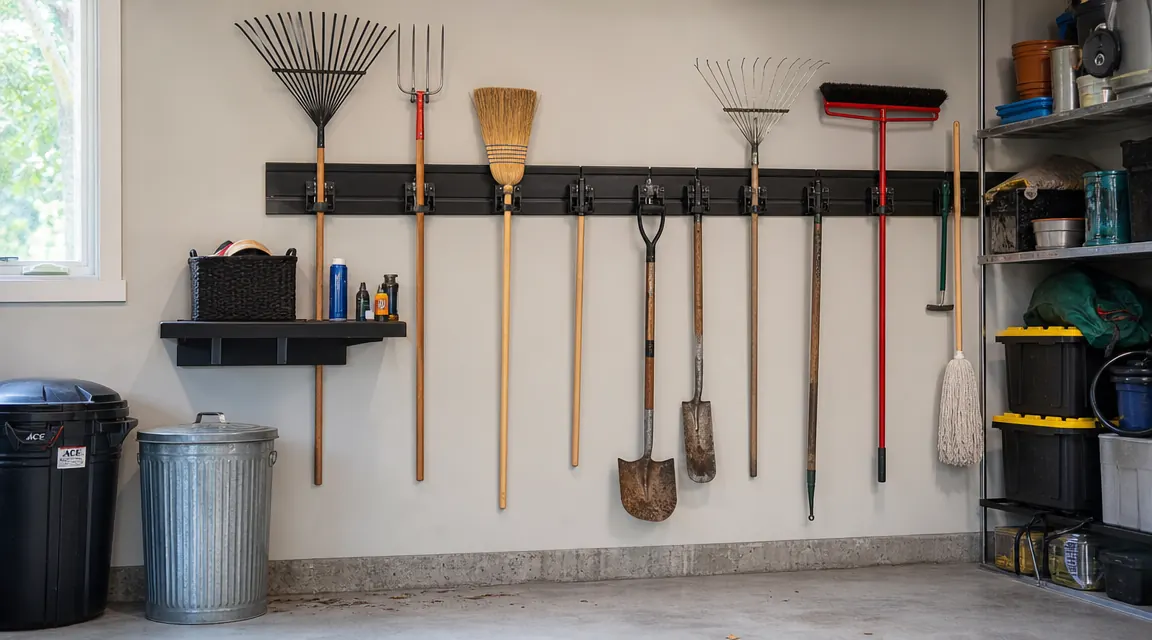 Organized garage wall with long-handled tools, rakes, and brooms mounted neatly on a horizontal wall rack