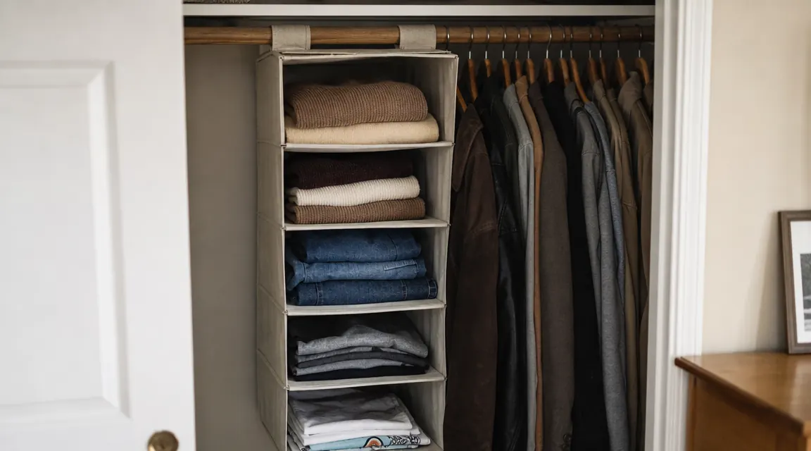 Small bedroom closet with a six-tier hanging shelf holding folded sweaters, jeans, and t-shirts on a standard closet rod