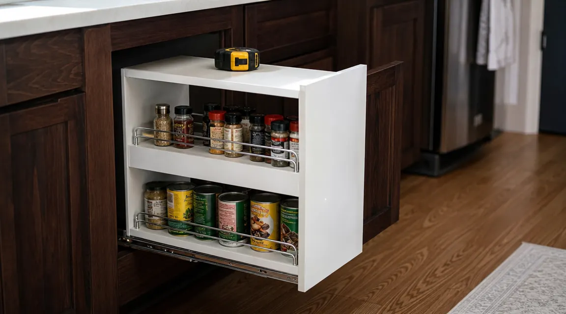 Open lower kitchen cabinet with a white pull-out organizer extended halfway, showing canned goods and spice jars on rails, tape measure resting on top
