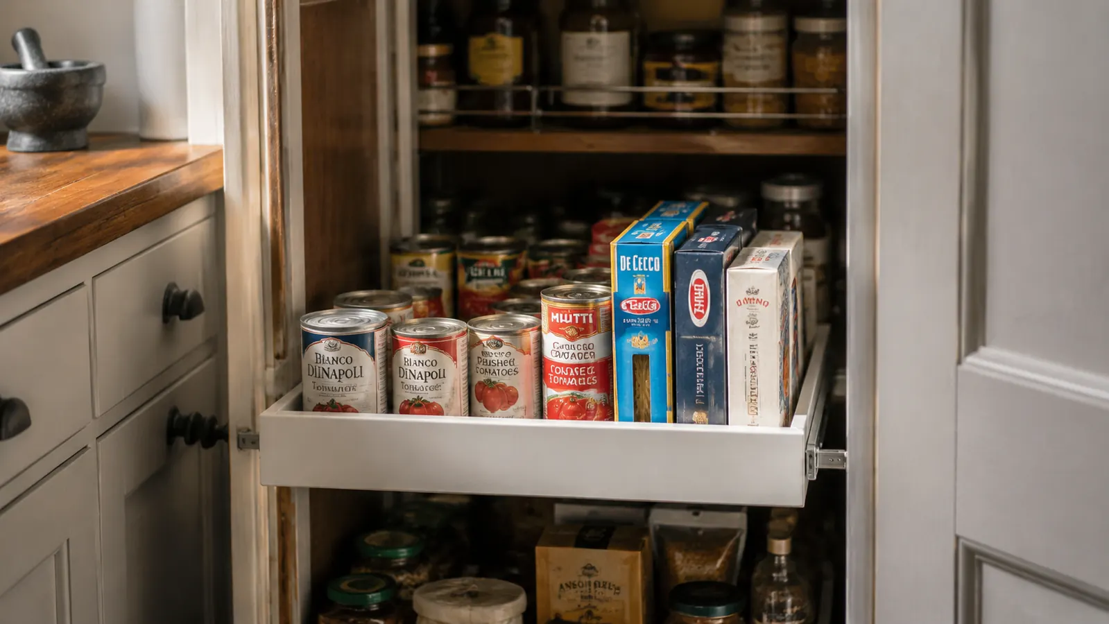 Deep pantry cabinet with white pull-out shelf holding canned goods and boxed pasta, kitchen in warm afternoon light