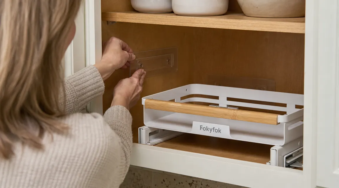 Hand pressing adhesive mounting strip onto the inside wall of a kitchen cabinet to install a no-drill pull-out shelf