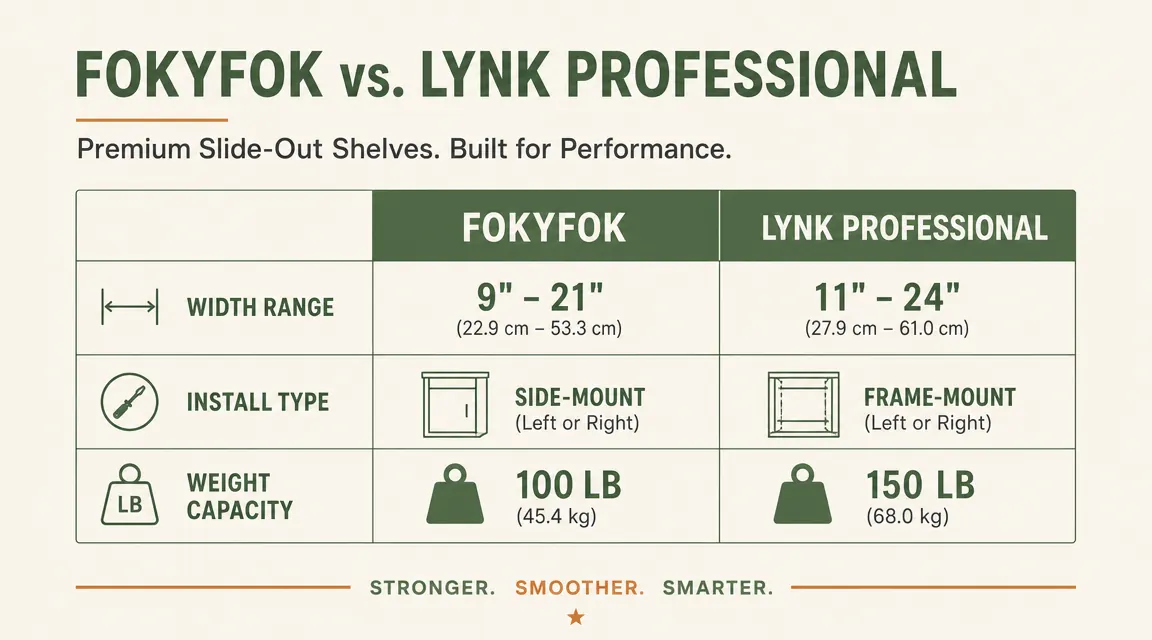 Side-by-side comparison chart showing Fokyfok and Lynk Professional slide-out shelf specs including width range, install type, and weight capacity
