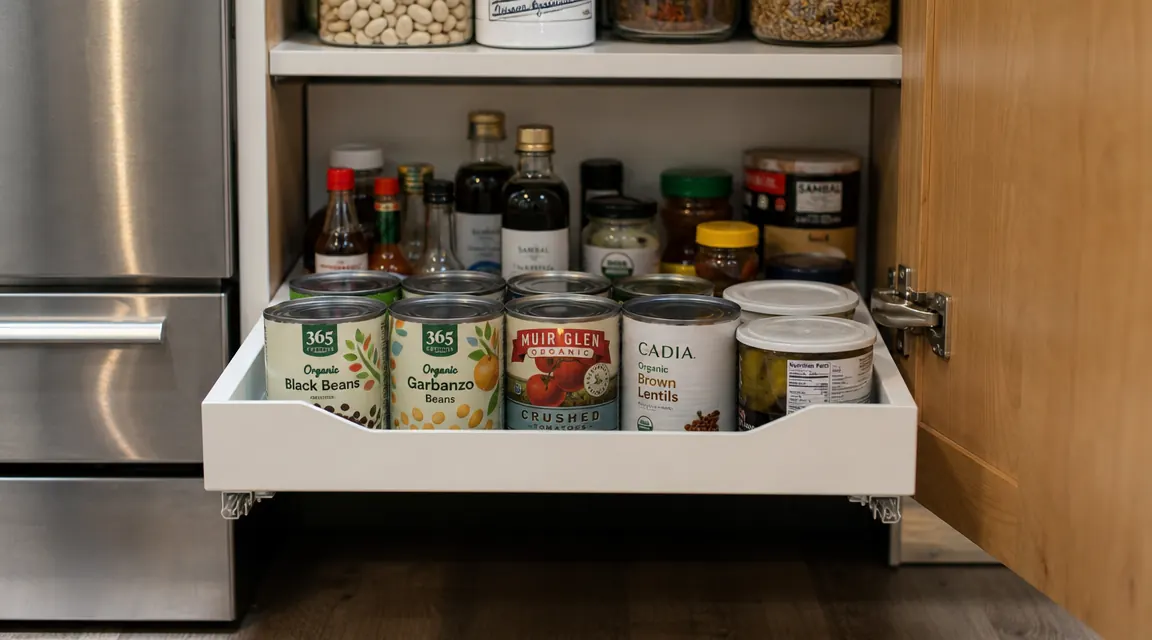 Open kitchen cabinet showing a white pull-out shelf extended with canned goods and small bottles neatly organized on it