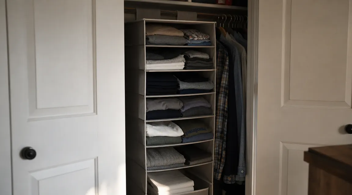 Small bedroom closet with hanging fabric shelf organizer and neatly folded clothes in soft morning light