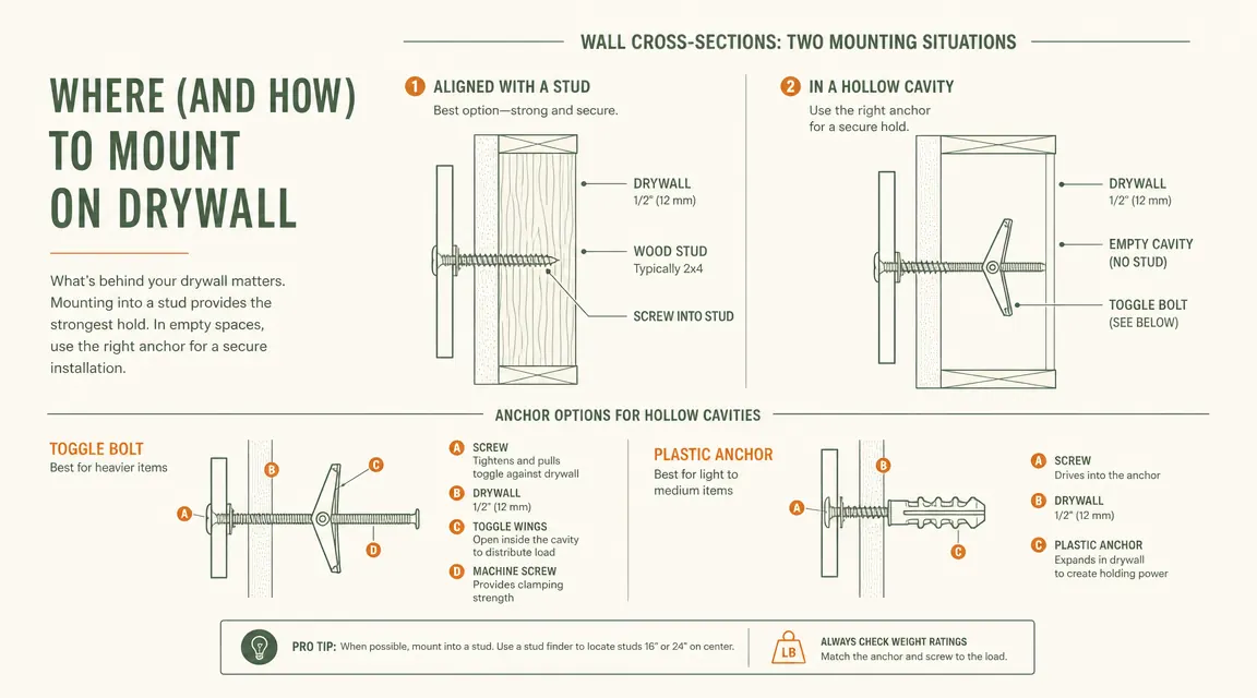 Wall cross-section diagram showing a stud location versus hollow drywall cavity, with toggle bolt versus plastic anchor comparison