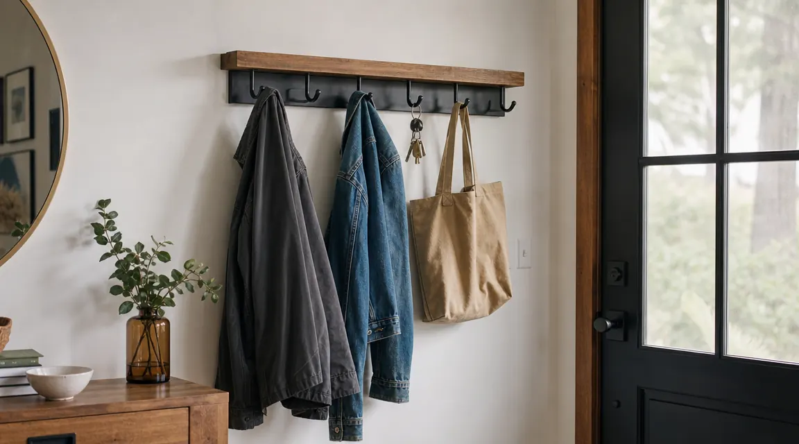 Entryway wall with a mounted wood and black metal coat rack holding jackets, a tote bag, and keys near a front door