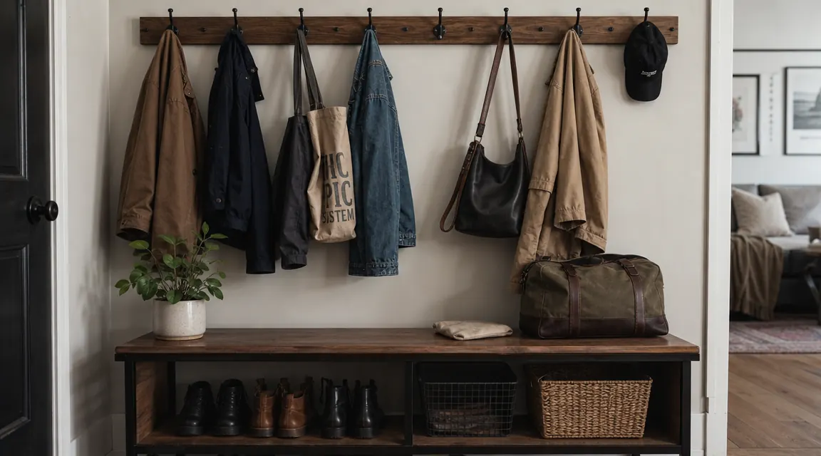 Neat entryway wall with a wood-and-metal coat rack holding coats, bags, and a hat above a bench