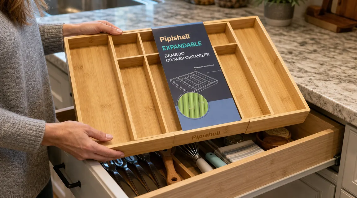 Hands placing a bamboo expandable drawer organizer tray into a kitchen drawer