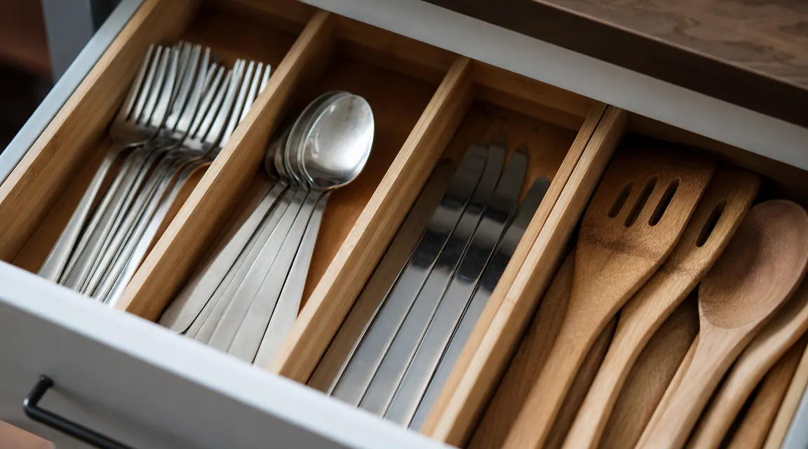 Close-up of bamboo drawer organizer compartments holding sorted forks, spoons, knives, and spatulas in a kitchen drawer