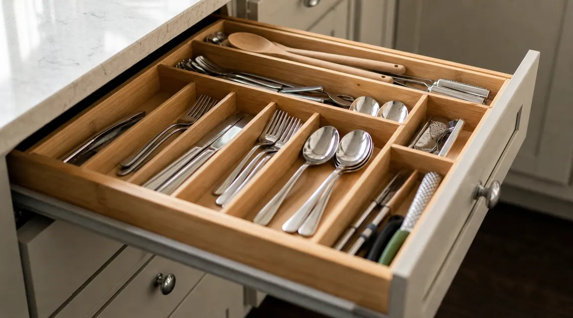 Bright kitchen drawer fully organized with bamboo dividers separating forks, spoons, knives, and cooking utensils