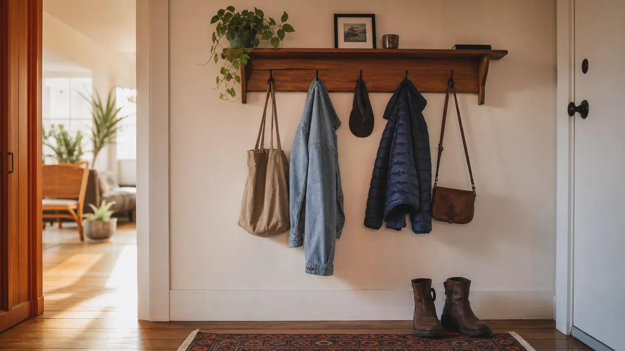 Tidy entryway with coats and bags hung neatly on a wall-mounted shelf with hooks, warm morning light
