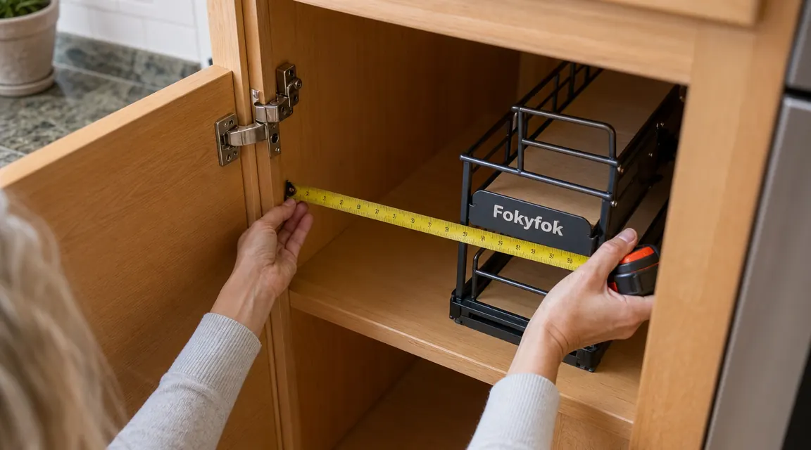Hands using a tape measure inside a cabinet to measure interior width and depth before installing a pull-out shelf