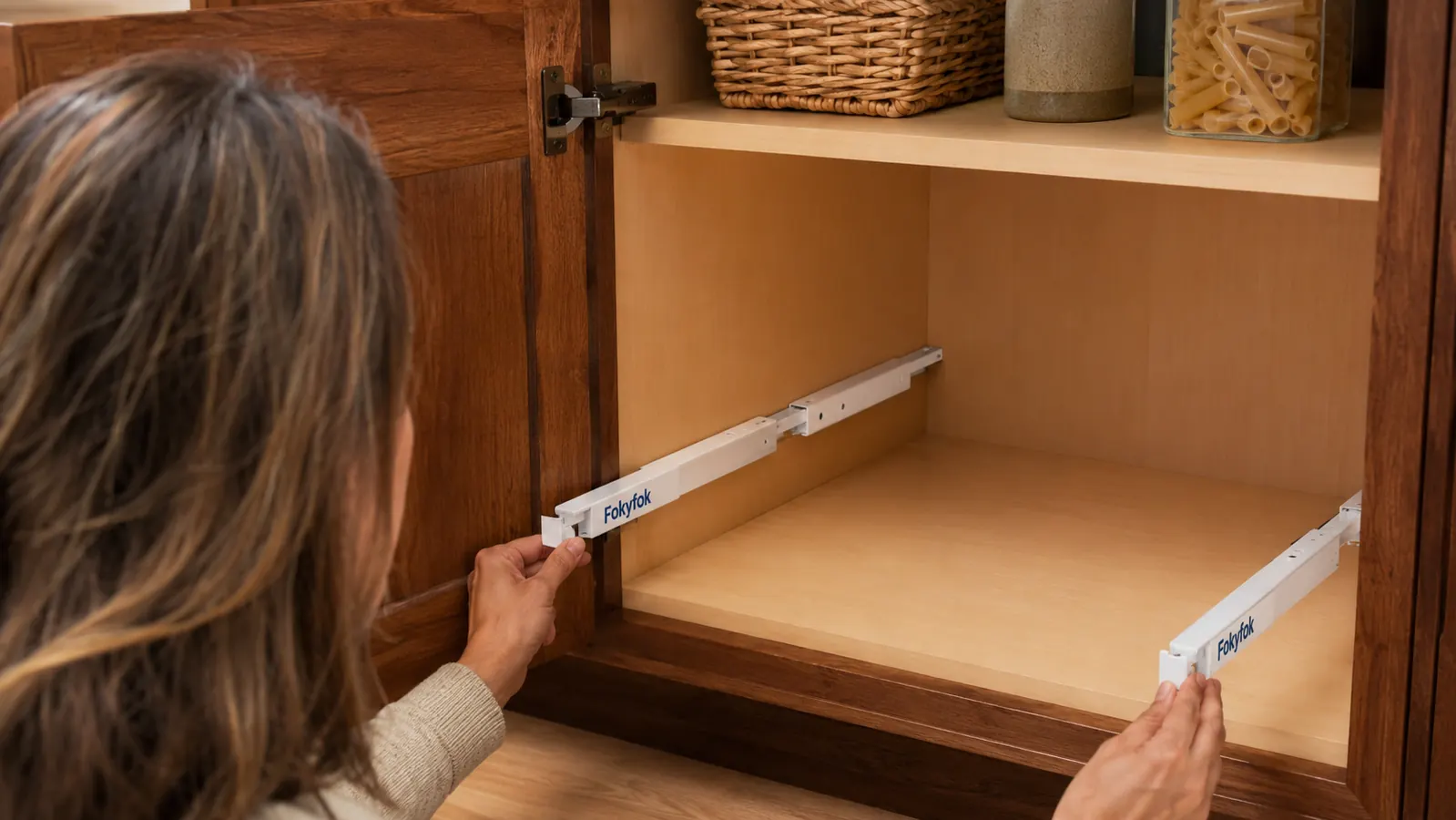 White pull-out shelf rails positioned inside a cabinet showing the expandable width adjustment before final adhesive bonding