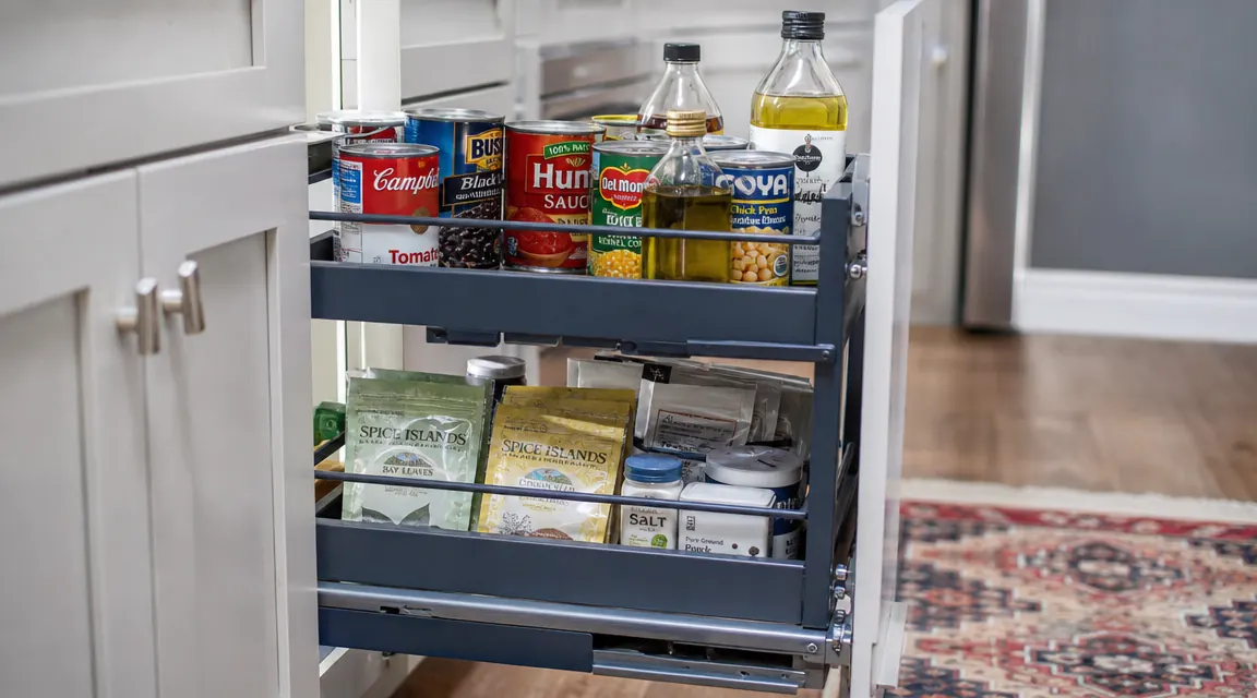 Loaded pull-out cabinet shelf fully extended showing cans, oil bottles, and spice packets organized on two tiers