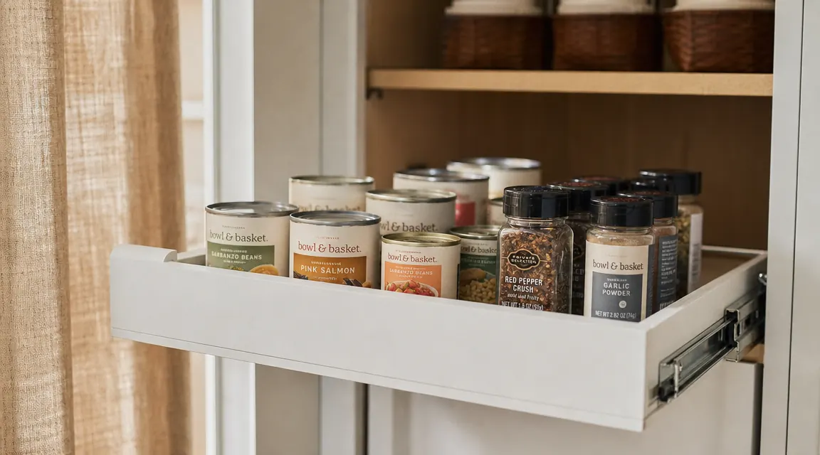 Open pantry cabinet showing a white pull-out shelf fully extended, holding canned goods and spice jars on a warm linen-toned background
