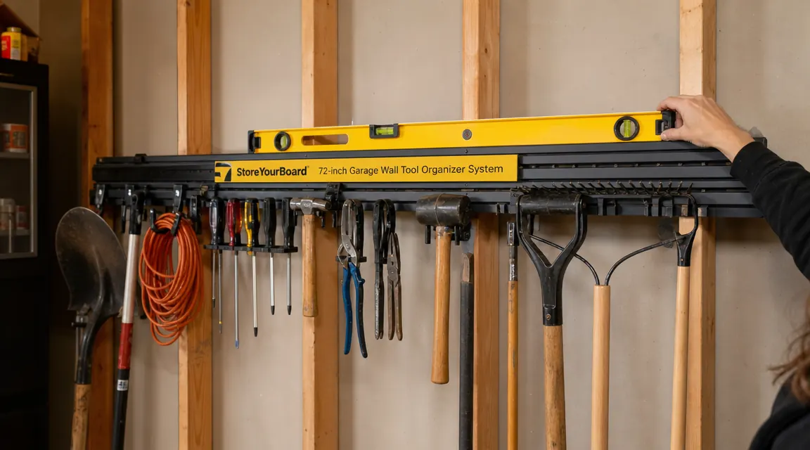 StoreYourBoard 72-inch tool rack mounted on garage wall studs with a level resting on top showing it is straight