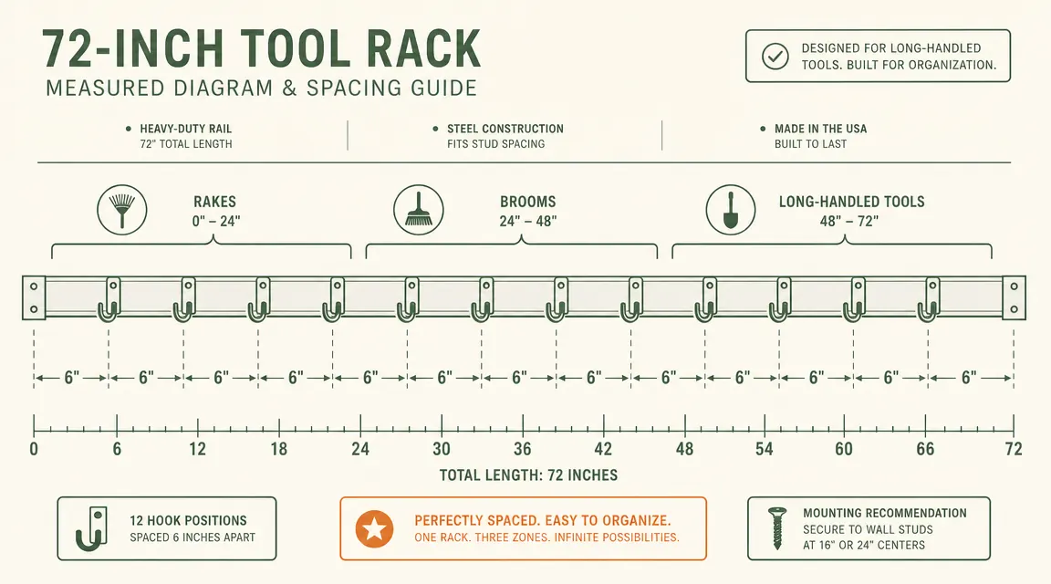 Diagram showing hook spacing layout on a 72-inch tool rack, grouping zones for rakes, brooms, and long-handled tools