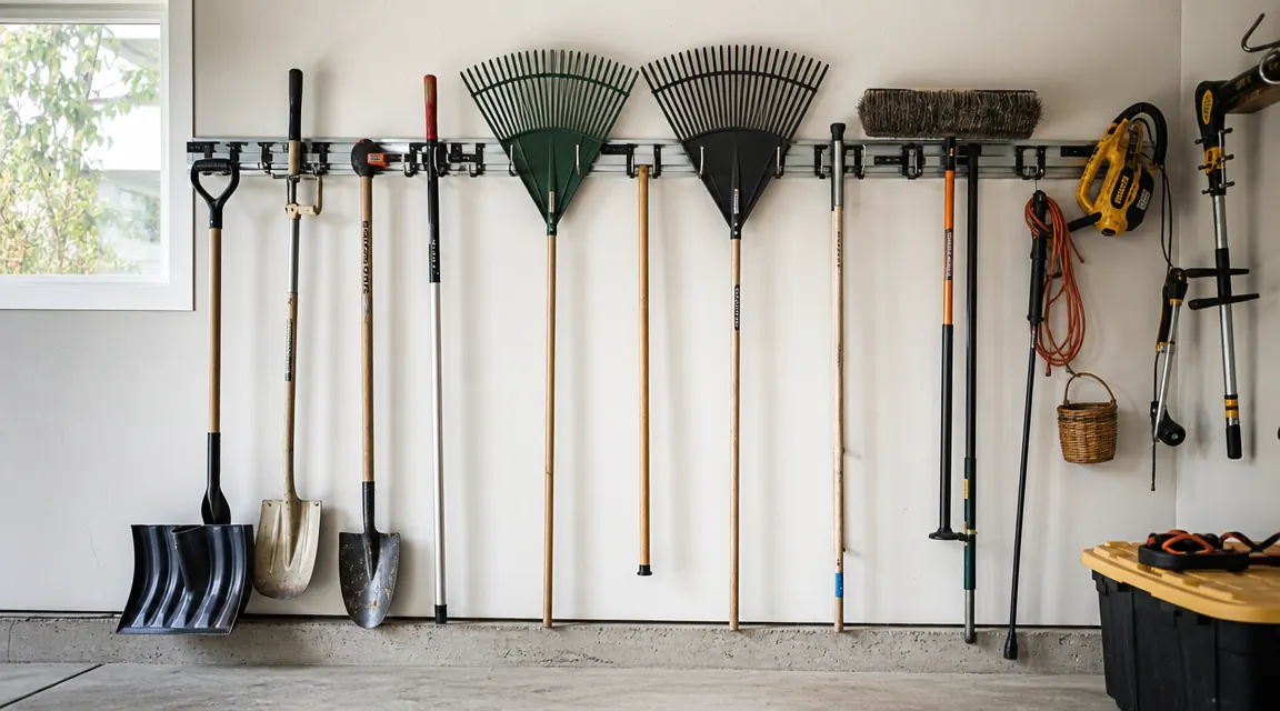 Organized garage wall with long tool rack holding shovels, rakes, and brooms on steel hooks