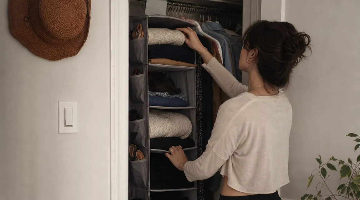 Open closet with hanging shelf loaded with folded items and side pockets holding small accessories