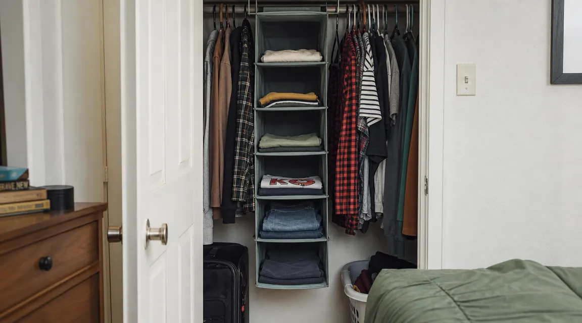 Small bedroom closet with hanging shelf organizer showing neatly folded shirts and jeans on six tiers