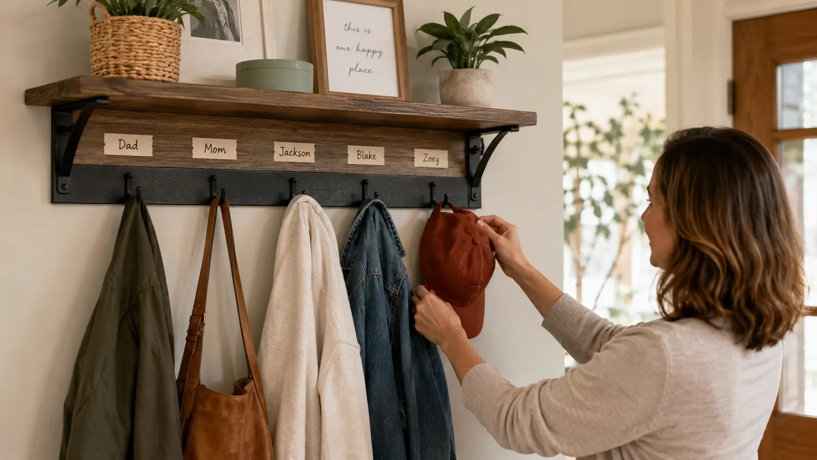 Wall-mount coat rack with labeled tape strips above each hook showing family member names