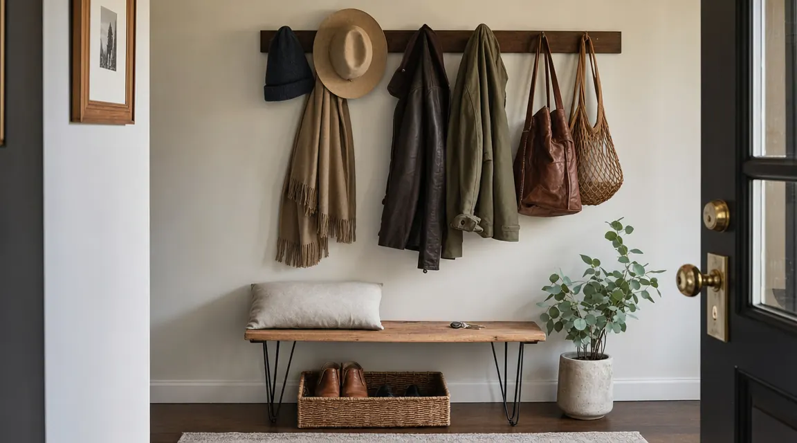 Clean entryway with a wall-mount coat rack holding jackets, bags, and hats above a small bench