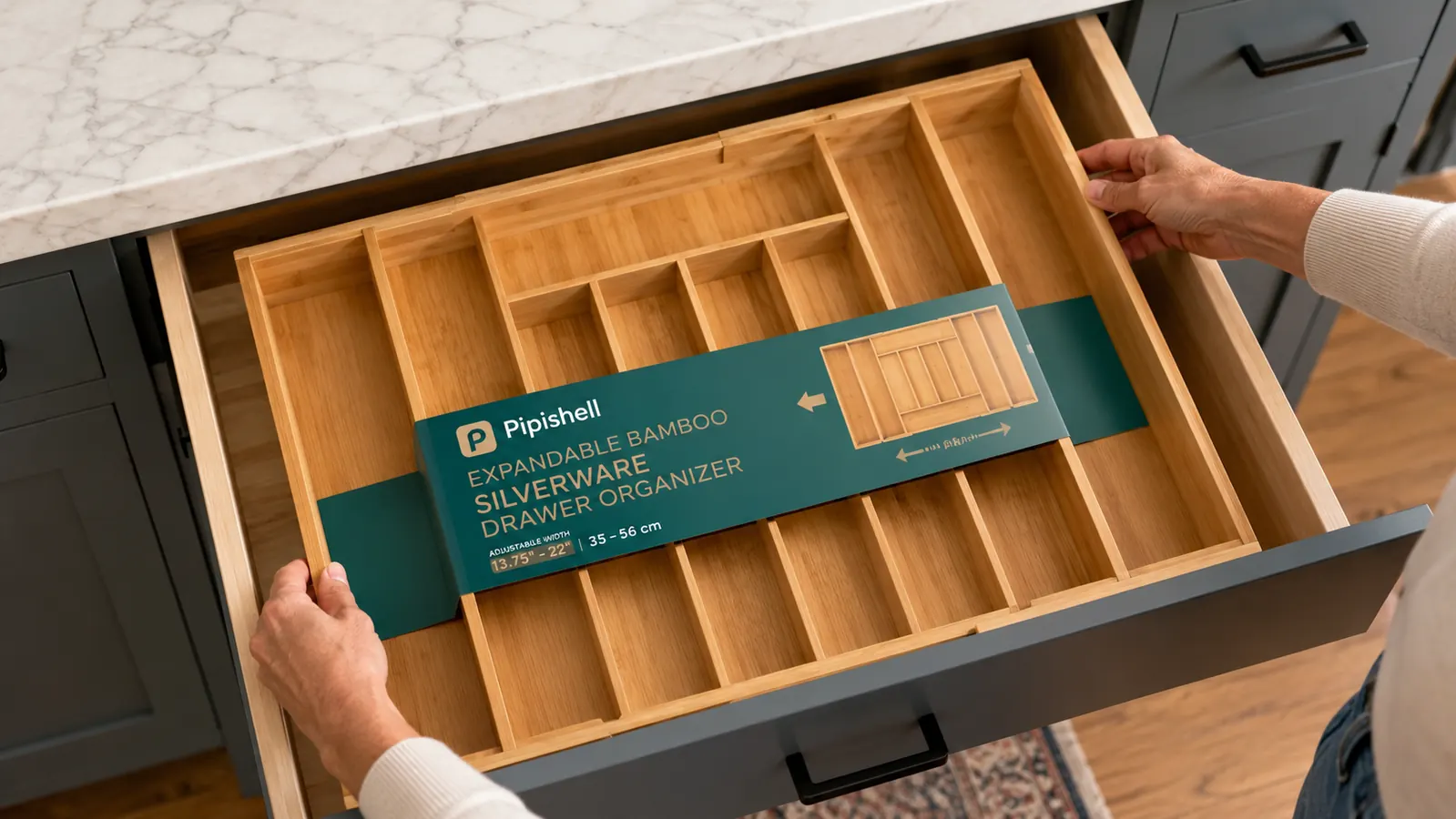 Expanded Pipishell bamboo organizer tray placed inside a kitchen drawer showing the adjustable width mechanism