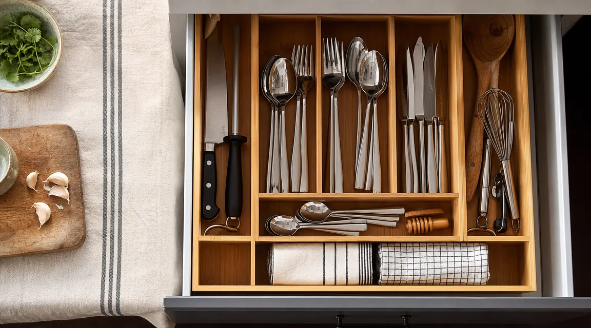 Neatly organized kitchen drawer with bamboo dividers holding silverware and utensils, viewed from above on a warm linen countertop