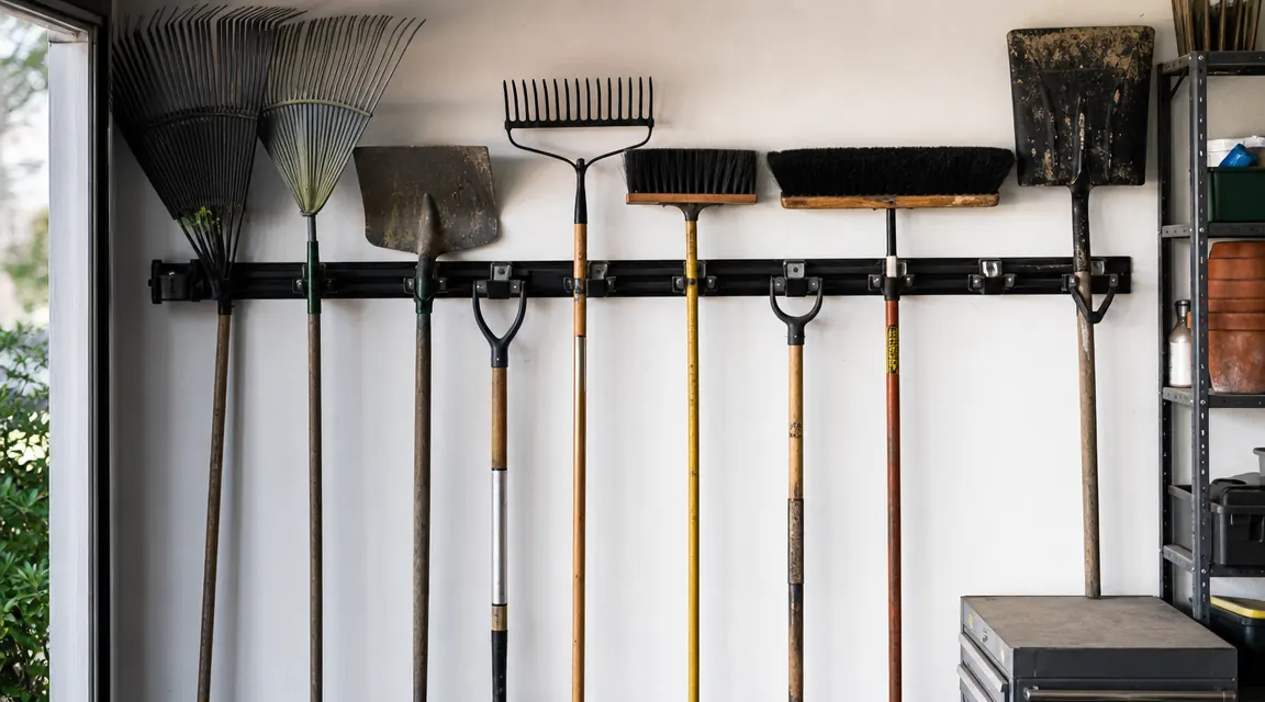 Organized garage wall with rakes, shovels, and brooms hanging neatly on a horizontal wall-mount rack