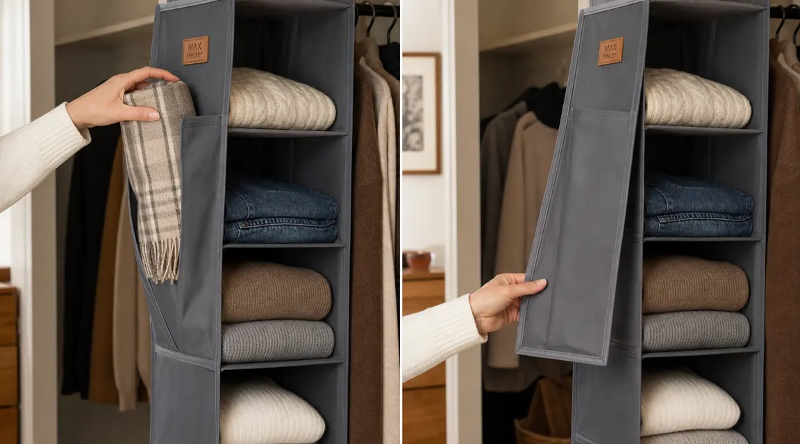 Side-by-side view of the MAX Houser side pockets, left one holding a rolled scarf and right one empty and hanging flat, showing the narrow depth