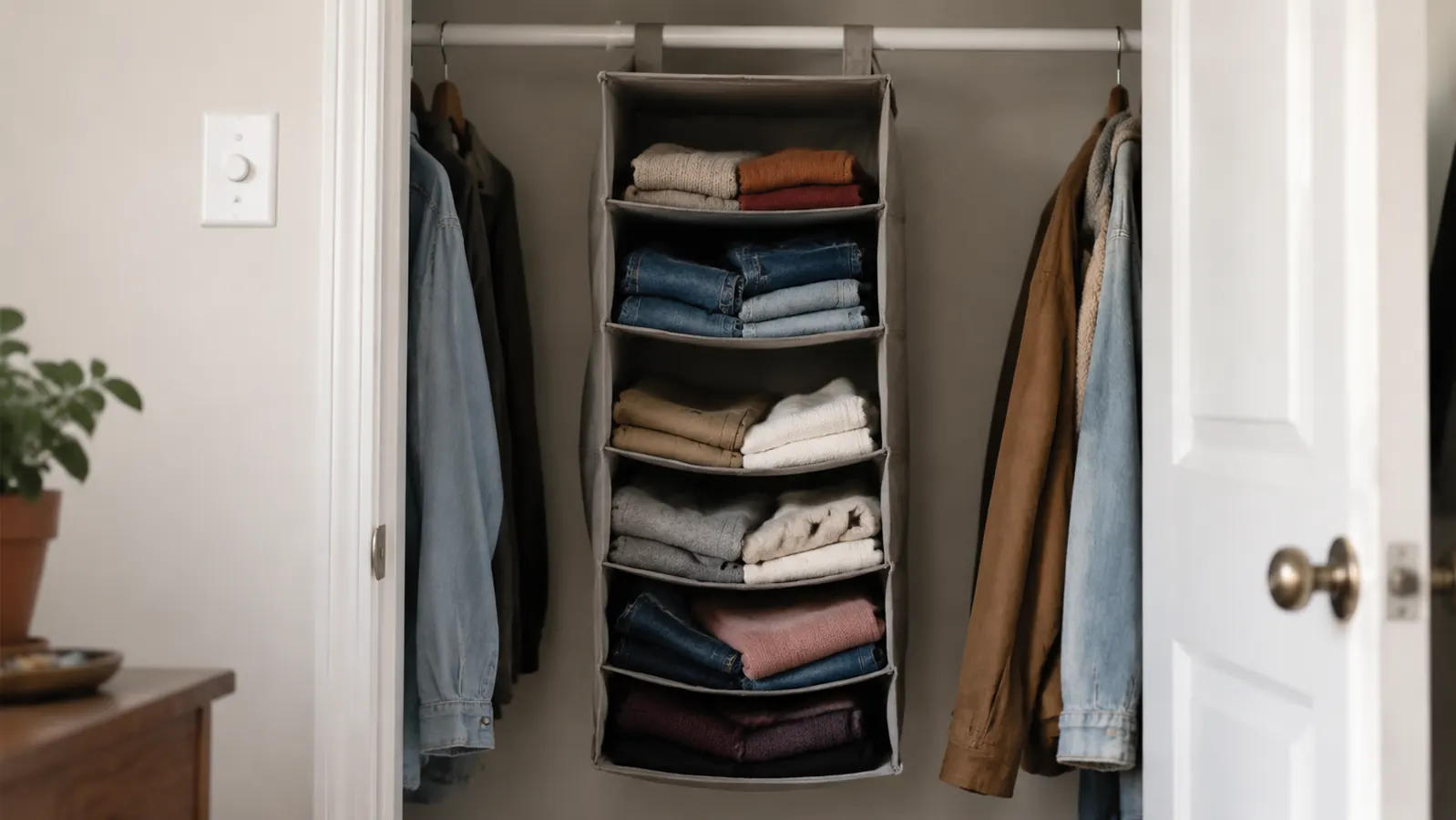 A 6-tier hanging closet organizer on a white rod in a small rental closet, with the lower two shelves visibly sagging under folded items