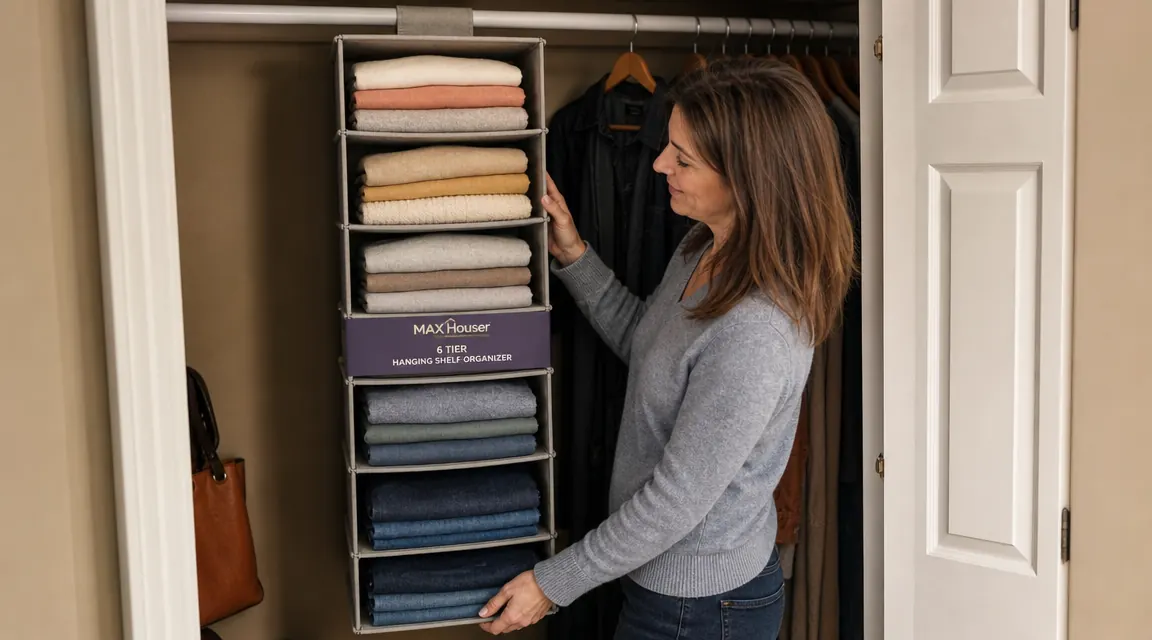 Folded sweaters and jeans stacked on the 6-tier hanging shelf inside an open closet, showing how each tier holds about four folded items