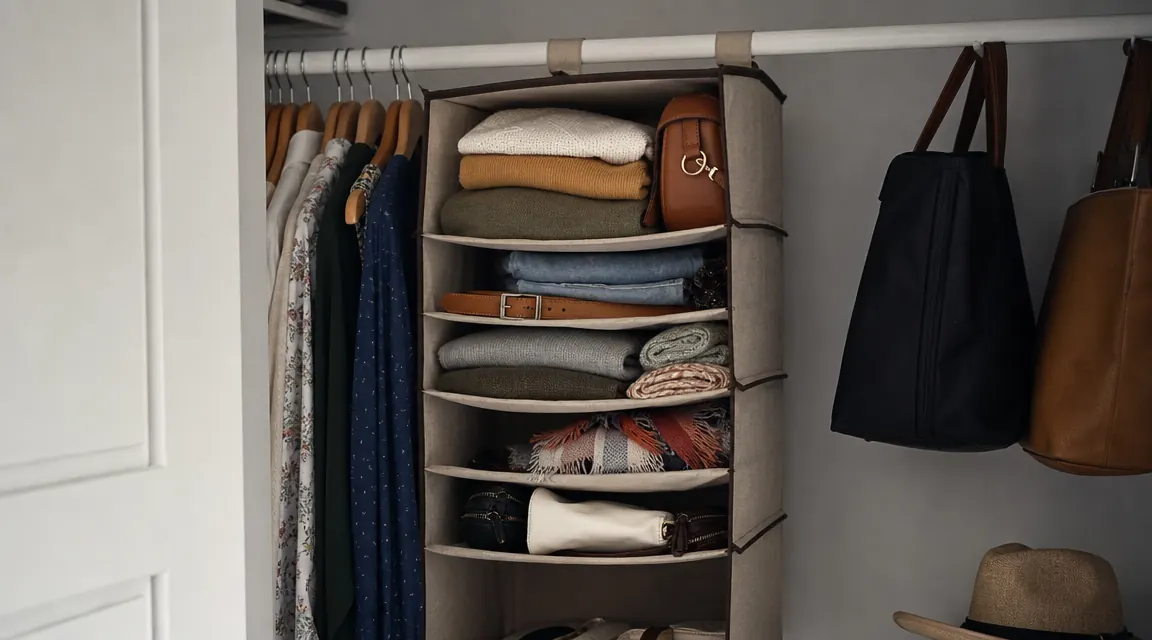 Small bedroom closet with a tan hanging shelf organizer holding folded clothes, scarves, and small bags on a white closet rod
