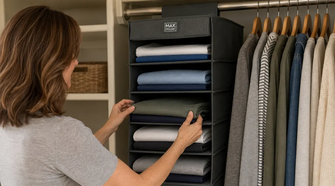MAX Houser hanging closet organizer loaded with folded t-shirts on a bedroom closet rod