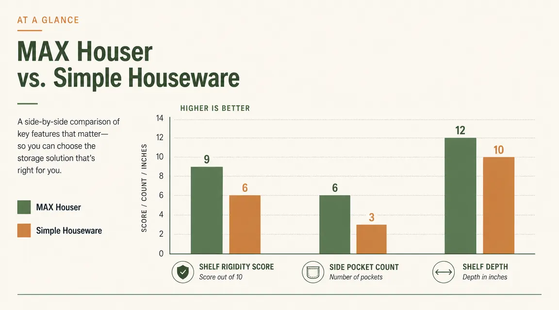 Bar chart comparing shelf rigidity score, side pocket count, and shelf depth for MAX Houser versus Simple Houseware
