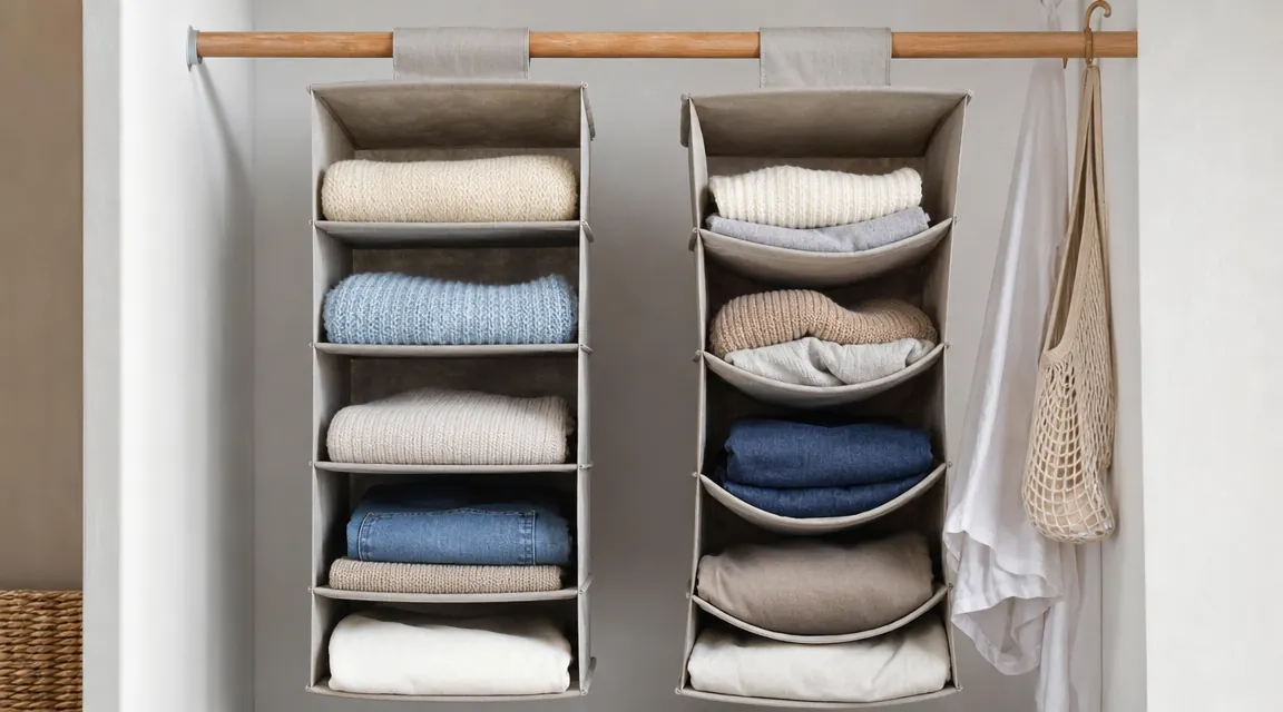Two hanging closet organizers side by side on a closet rod, one flat and tidy, one visibly sagging in the center