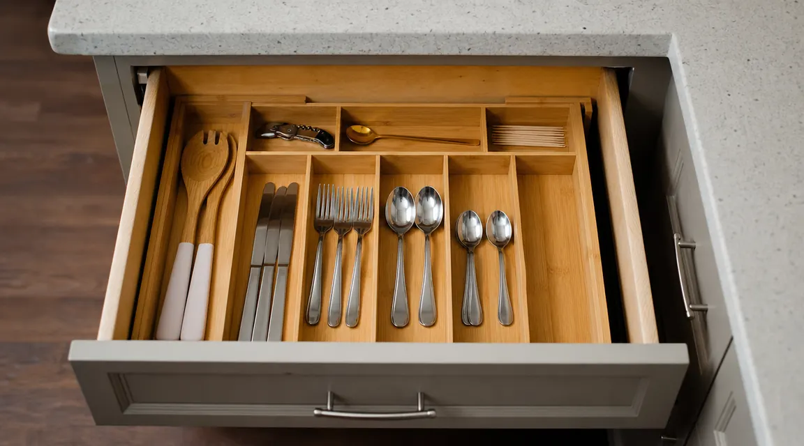 Pipishell bamboo drawer organizer expanded to full width with a visible gap on one side inside a kitchen drawer