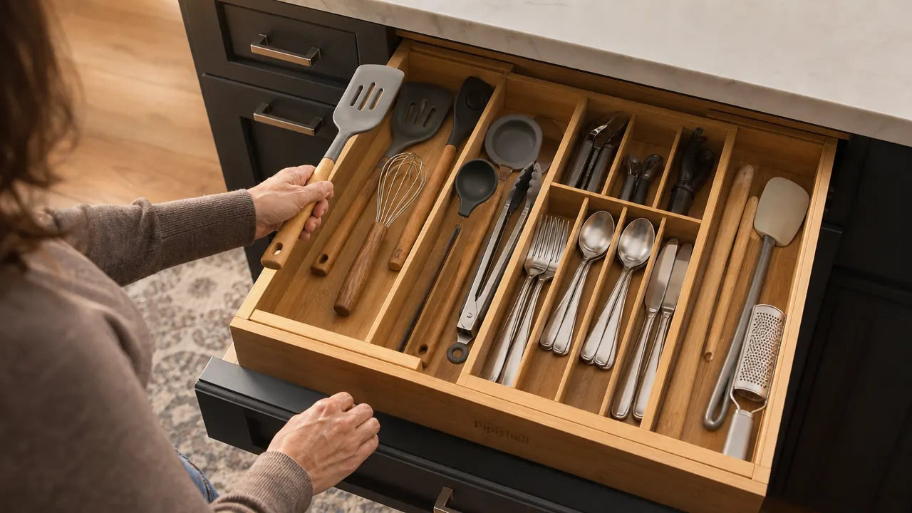Kitchen drawer with bamboo organizer fully loaded with spatulas, tongs, and everyday utensils sorted into separate compartments
