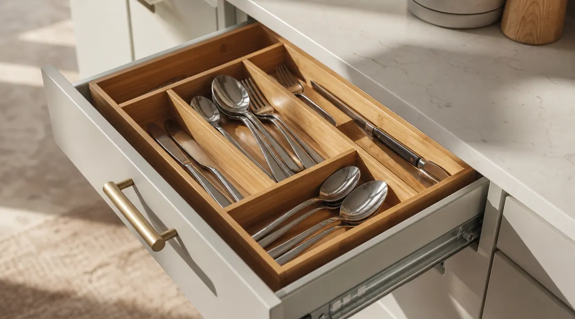 Pipishell bamboo silverware organizer sitting neatly in an open kitchen drawer with sorted forks, knives, and spoons in morning light