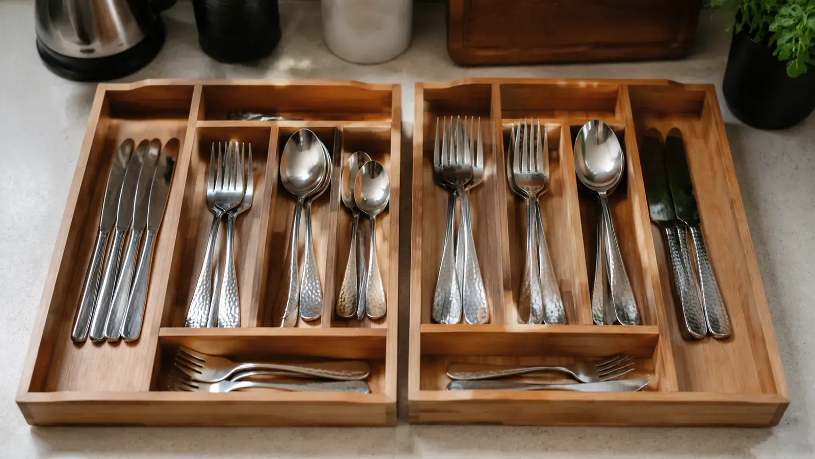 Two bamboo drawer organizers side by side on a kitchen counter, silverware arranged inside each