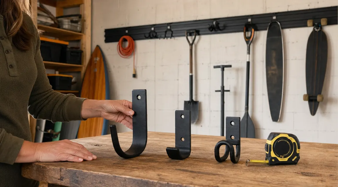 Three StoreYourBoard hook types laid out on a workbench: large J-hook, medium utility hook with lip, and small closed-loop hook, ruler showing sizes