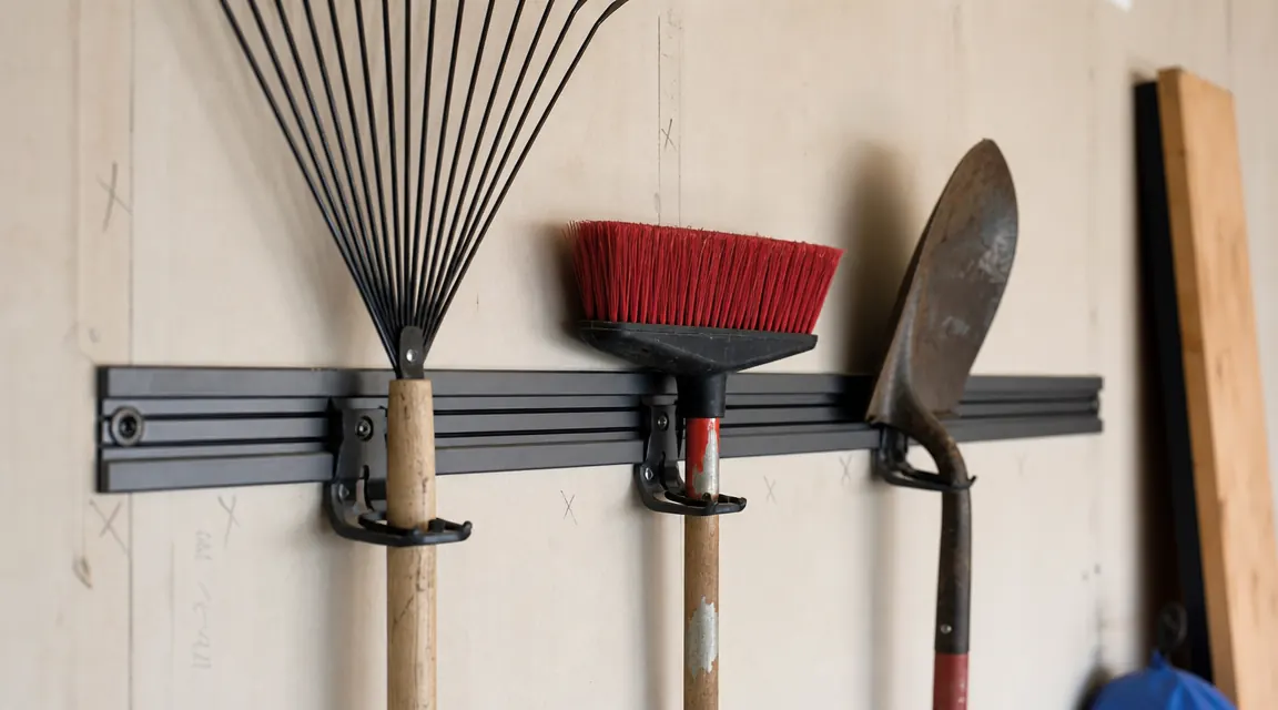 Close view of a steel garage wall rail with hooks holding a rake, broom, and shovel, stud locations marked with pencil on drywall behind it