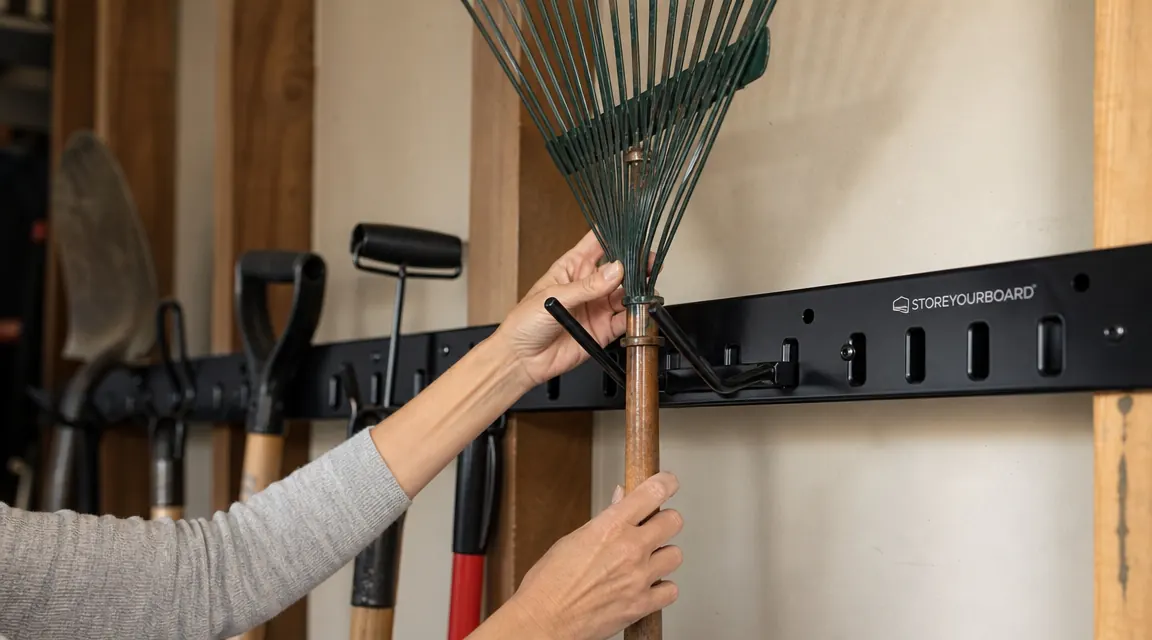 Close-up of a hand placing a long-handle rake onto one of the angled hooks on the StoreYourBoard wall mount rail