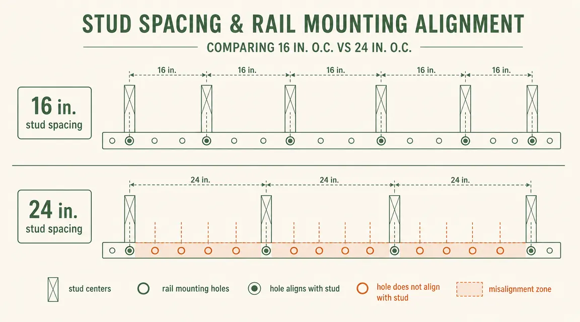 Diagram showing 16-inch stud spacing versus 24-inch stud spacing and where the StoreYourBoard mounting holes align